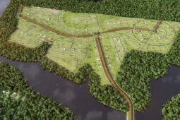 Imagem do planejamento do loteamento Lacus, mostrando a distribuição das ruas e lotes ao redor do Lago Janauari, com áreas de convivência, infraestrutura planejada e áreas verdes.