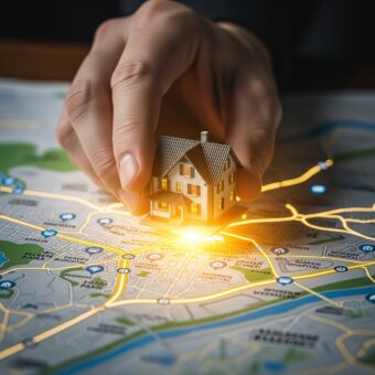 Close-up hiperrealista de uma mão segurando uma pequena maquete de casa que brilha com uma luz dourada, posicionada sobre um mapa de uma cidade detalhado, com as ruas e a infraestrutura marcadas por linhas luminosas.