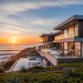 Fotografia de paisagem ultrarrealista de uma luxuosa casa moderna e minimalista, construída em uma encosta à beira-mar, com o sol se pondo no horizonte e iluminando a arquitetura e a água.