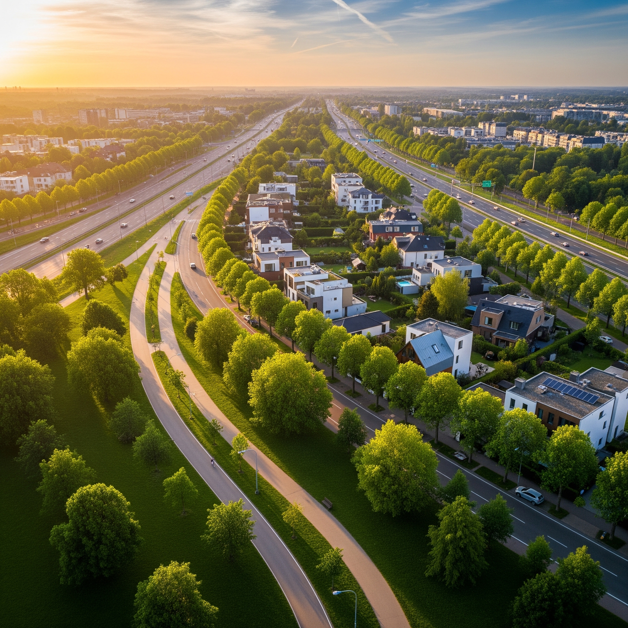 Vista aérea ultrarrealista de um bairro planejado e moderno ao nascer do sol, com ruas arborizadas, casas de design e uma ciclovia que serpenteia por um parque verde.