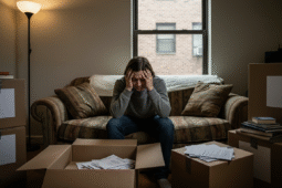 Um homem jovem sentado em um sofá marrom, com as mãos na cabeça em sinal de desespero e exaustão. Ele está cercado por várias caixas de papelão abertas e fechadas, papéis espalhados e pilhas de livros. A cena retrata o estresse emocional e a sobrecarga física comuns em processos de mudança residencial ou grandes transições de vida