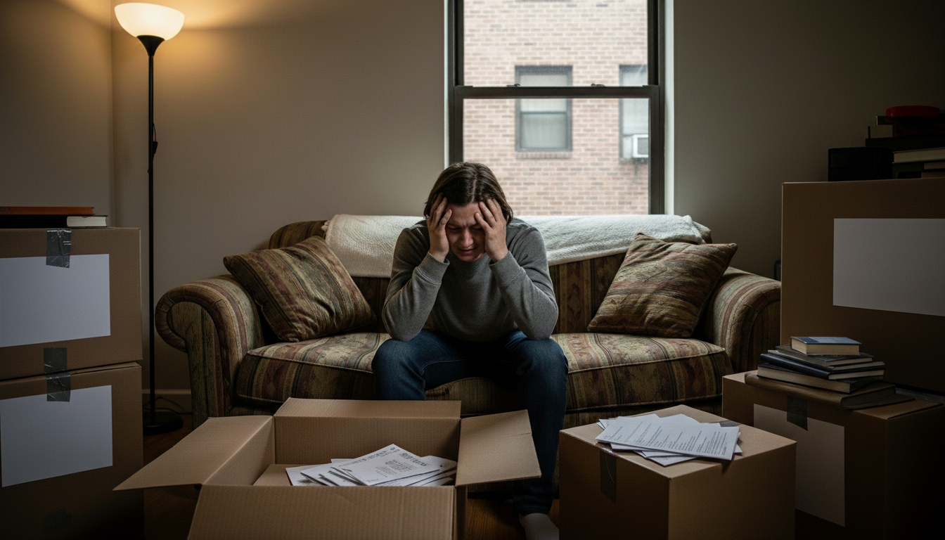 Um homem jovem sentado em um sofá marrom, com as mãos na cabeça em sinal de desespero e exaustão. Ele está cercado por várias caixas de papelão abertas e fechadas, papéis espalhados e pilhas de livros. A cena retrata o estresse emocional e a sobrecarga física comuns em processos de mudança residencial ou grandes transições de vida