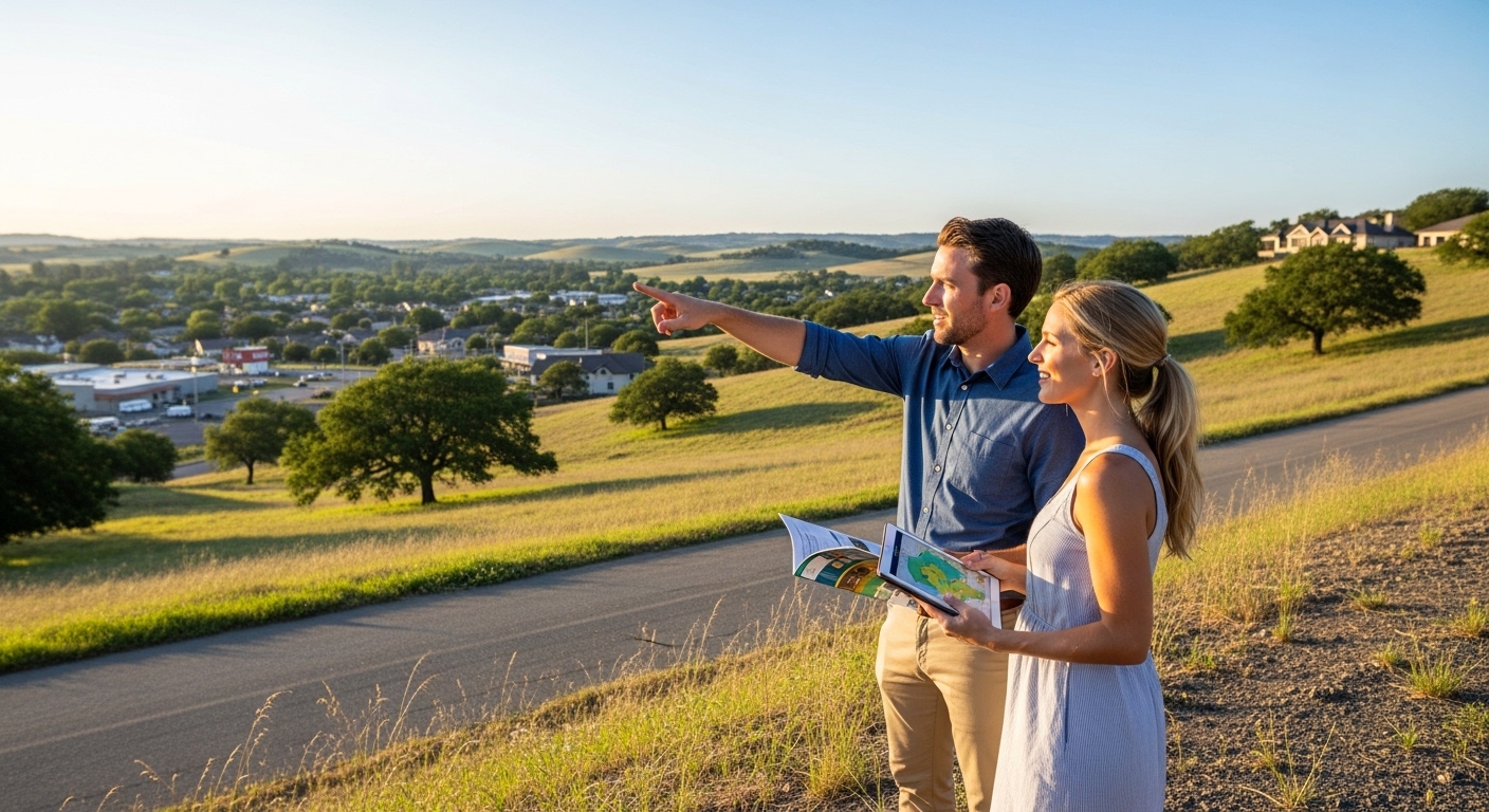 Um homem e uma mulher jovens estão de pé no topo de uma colina gramada durante o pôr do sol, observando uma vista panorâmica de um vale com pequenas construções e árvores. O homem aponta para o horizonte enquanto a mulher segura um folheto e um tablet que exibe um mapa. Ambos sorriem, transmitindo uma sensação de otimismo e planejamento para o futuro em um ambiente natural e tranquilo
