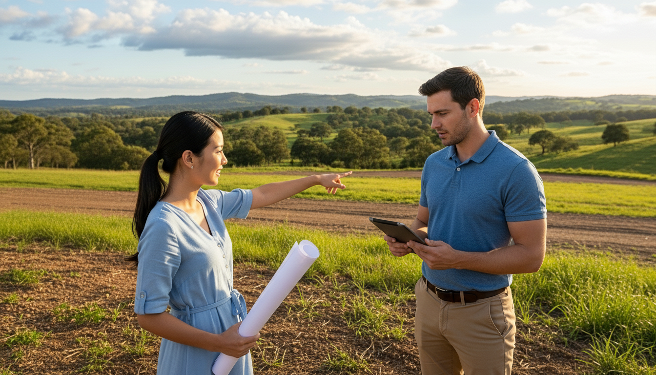 Uma mulher de vestido azul, segurando um rolo de plantas arquitetônicas, aponta para uma área de campo aberto enquanto conversa com um homem. O homem, vestindo uma camisa polo azul, observa a direção indicada enquanto segura um tablet. Eles estão em um terreno rural gramado sob a luz suave do entardecer, planejando a construção de uma futura residência.